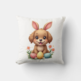 Vintage Easter Bunny Dog Cute Puppy Illustration w Cushion