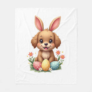 Vintage Easter Bunny Dog Cute Puppy Illustration w Fleece Blanket