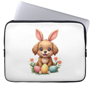 Vintage Easter Bunny Dog Cute Puppy Illustration w Laptop Sleeve