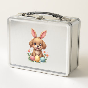 Vintage Easter Bunny Dog Cute Puppy Illustration w Metal Lunch Box