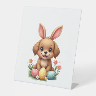 Vintage Easter Bunny Dog Cute Puppy Illustration w Pedestal Sign