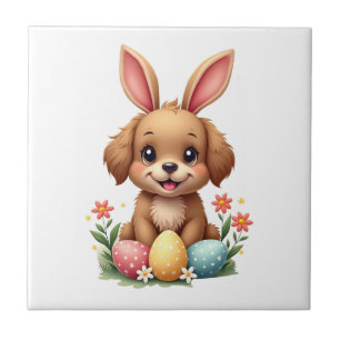 Vintage Easter Bunny Dog Cute Puppy Illustration w Tile