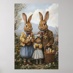 Vintage Easter Bunny Family Art, Spring Nursery Poster