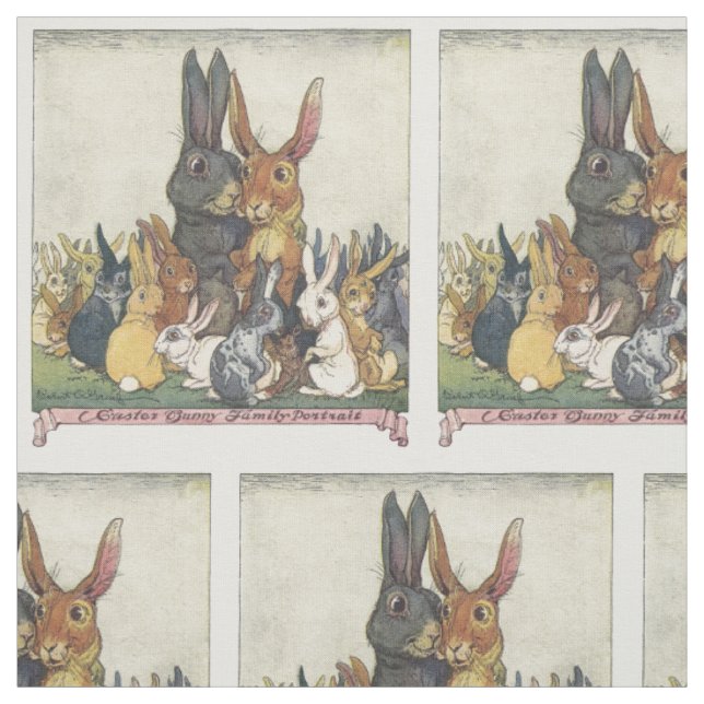 Vintage Easter bunny family textile Fabric (Swatch)