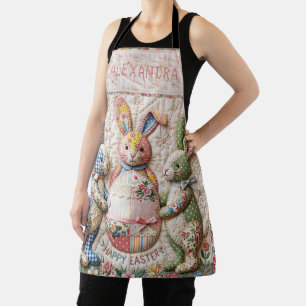 Vintage Easter Bunny Faux Patchwork Quilt Print Apron