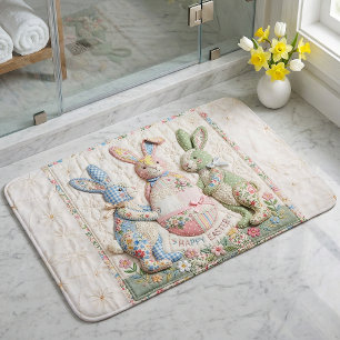 Vintage Easter Bunny Faux Patchwork Quilt Print Bath Mat