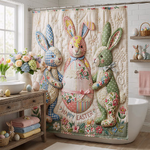 Vintage Easter Bunny Faux Patchwork Quilt Print Shower Curtain