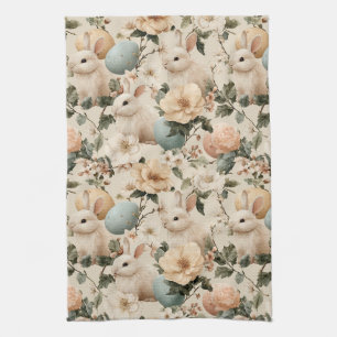 Vintage Easter Bunny Floral (1) Tea Towel