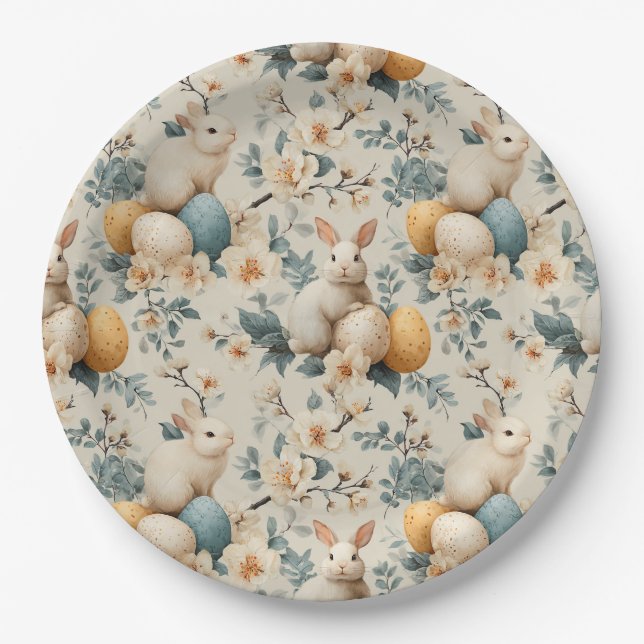 Vintage Easter Bunny Floral (3) Paper Plate (Front)