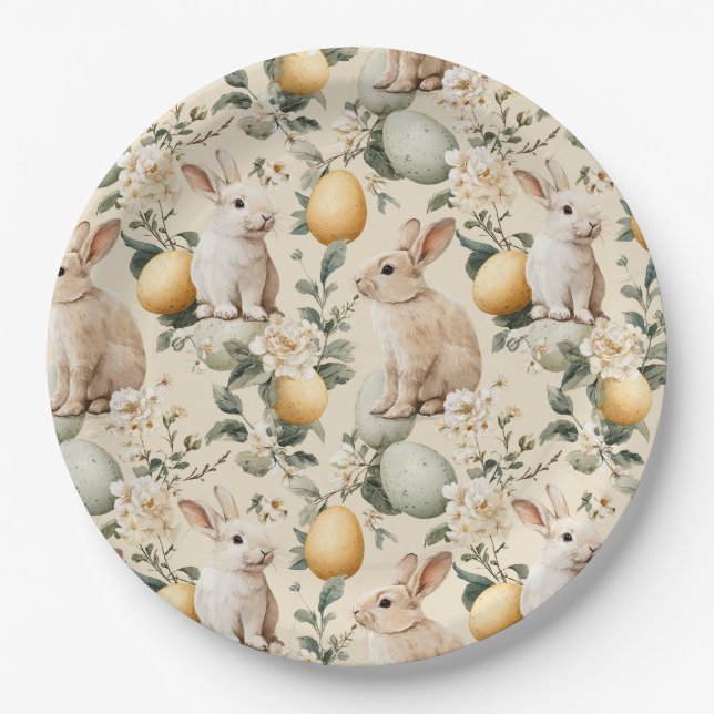 Vintage Easter Bunny Floral (5) Paper Plate (Front)