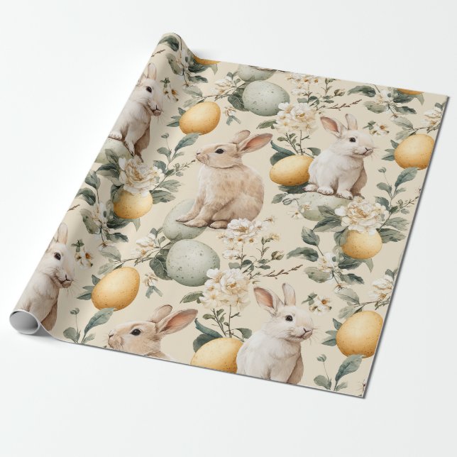 Vintage Easter Bunny Floral (5) Wrapping Paper (Unrolled)