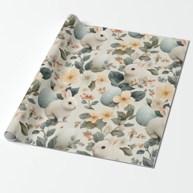 Vintage Easter Bunny Floral (6) Wrapping Paper (Unrolled)