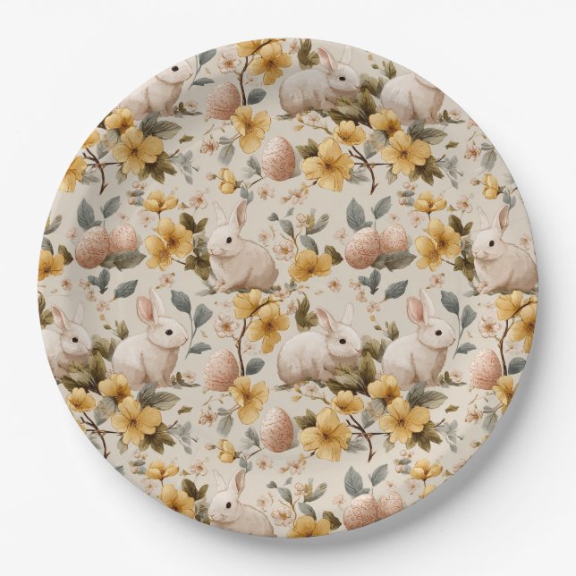 Vintage Easter Bunny Floral (8) Paper Plate (Front)
