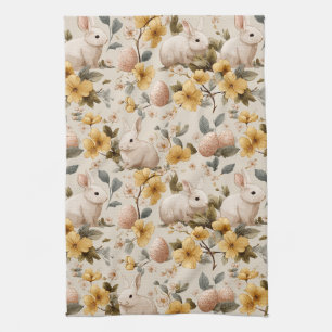 Vintage Easter Bunny Floral (8) Tea Towel
