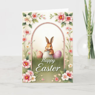 Vintage Easter Bunny & Floral Frame Classic Easter Holiday Card