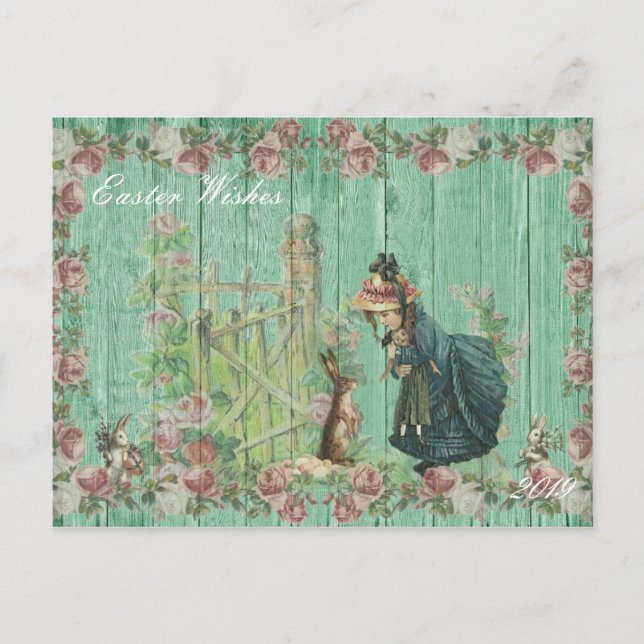 Vintage Easter Bunny Floral Holiday Postcard (Front)