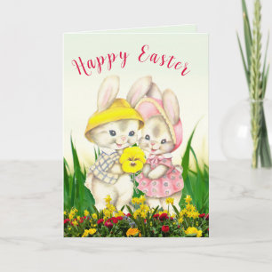 Vintage Easter Bunny Girl Child Folded Holiday Card