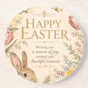 Vintage Easter Bunny Greeting Garden flowers Coaster