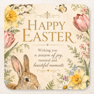 Vintage Easter Bunny Greeting Garden flowers Square Paper Coaster