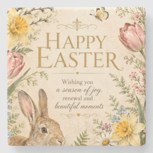 Vintage Easter Bunny Greeting Garden flowers Stone Coaster