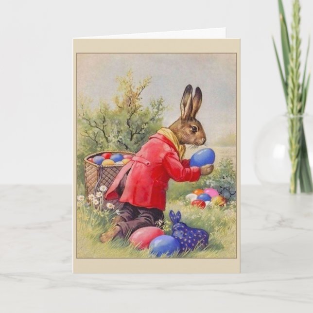 Vintage Easter Bunny Hiding Eggs, Holiday Card (Front)