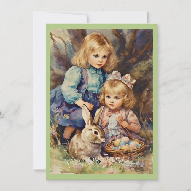 Vintage  Easter Bunny Kids Green Holiday Card (Front)