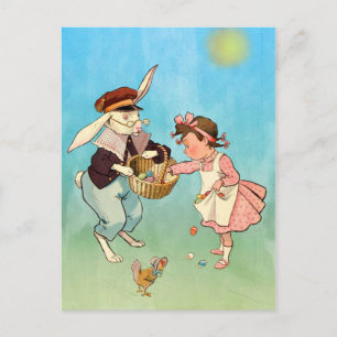 Vintage Easter Bunny, Little Girl and Hen Holiday Postcard