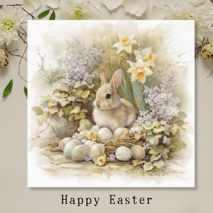 Vintage Easter Bunny Nest with Spring Flowers Art
