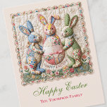 Vintage Easter Bunny Patchwork Quilt Floral Holiday Postcard<br><div class="desc">Adorable vintage Easter card with three quilted bunnies in cottage core patchwork style. Gingham and floral fabric rabbits with Easter egg basket. Nostalgic shabby chic design with pastel spring flowers. Personalize with family name. Perfect for Easter greetings,  spring celebrations,  and quilt lovers.</div>