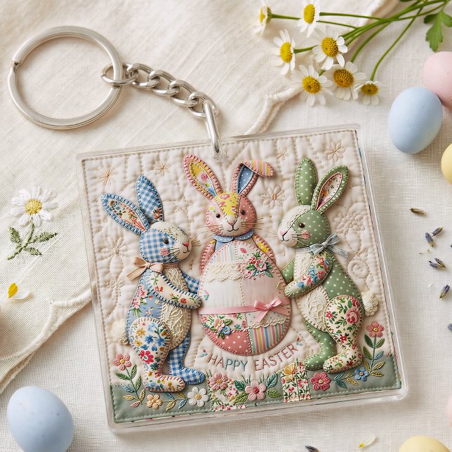 Vintage Easter Bunny Quilted Style Print Key Ring (Creator Uploaded)