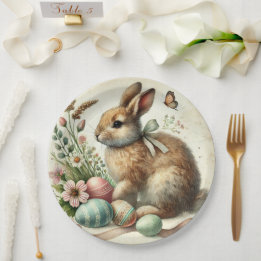 Vintage Easter Bunny Rabbit Egg Watercolor Paper Plate