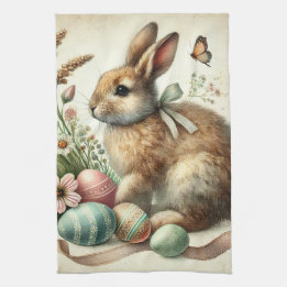 Vintage Easter Bunny Rabbit Egg Watercolor Tea Towel