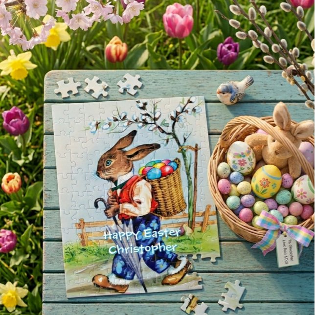 Vintage Easter Bunny Rabbit Kids Personalised Jigsaw Puzzle (Creator Uploaded)