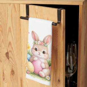 Vintage Easter Bunny Rabbit Pink Blush Watercolor Tea Towel