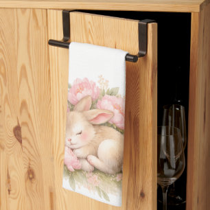 Vintage Easter Bunny Rabbit Pink Blush Watercolor Tea Towel
