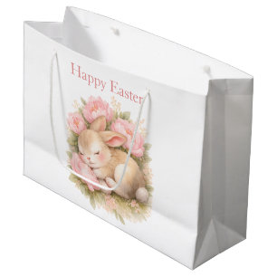 Vintage Easter Bunny Rabbit Pink Floral Watercolor Large Gift Bag