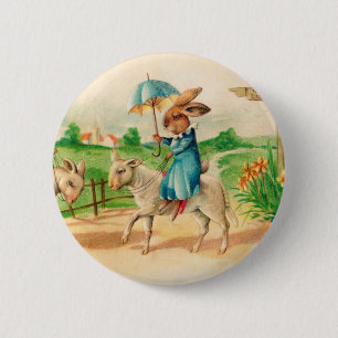 Vintage Easter Bunny Rabbit Riding Lambs Greetings 6 Cm Round Badge