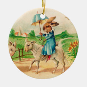 Vintage Easter Bunny Rabbit Riding Lambs Greetings Ceramic Tree Decoration