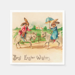 Vintage Easter Bunny Rabbit Riding Lambs Greetings Napkin