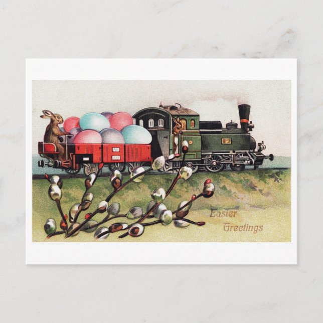 Vintage Easter Bunny Train Postcard (Front)