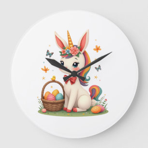 Vintage Easter Bunny Unicorn Pastel Floral Cartoon Large Clock