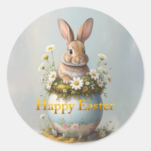 Vintage Easter Bunny with daisies Classic Round Sticker