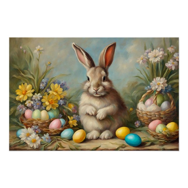 Vintage Easter Bunny with Easter Baskets, Flowers  Poster (Front)
