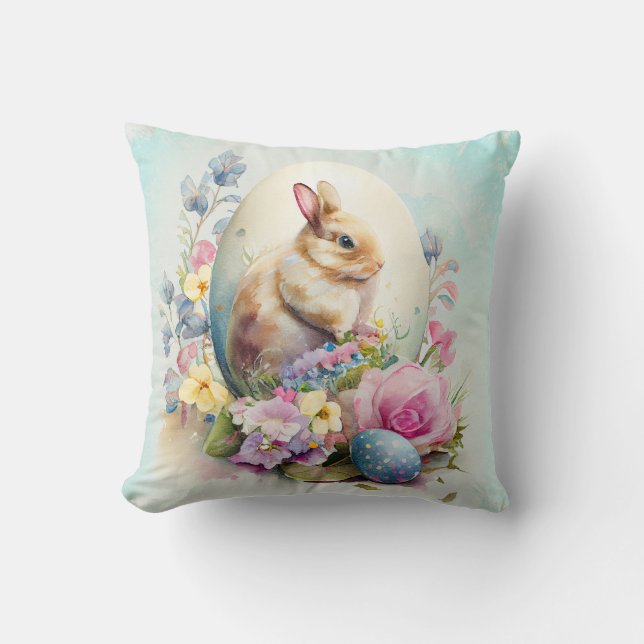 Vintage  Easter Bunny with flowers and eggs  Cushion (Front)