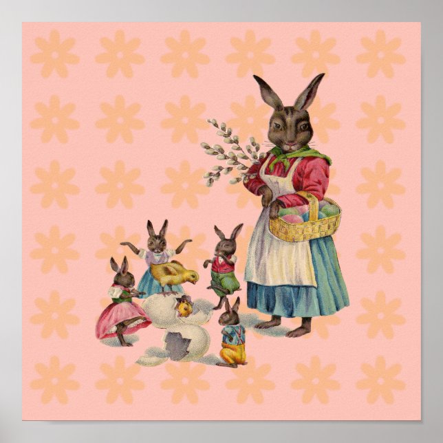 Vintage Easter Bunny with Spring Flowers Poster (Front)