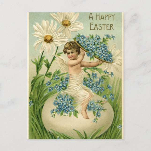 Vintage Easter Cherub With Flowers Postcard (Front)