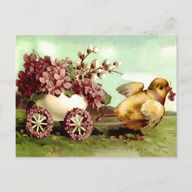 Vintage Easter Chick and Flower Wagon Holiday Postcard (Front)