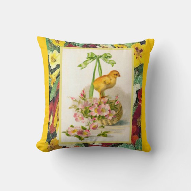 Vintage Easter, Chick  and pink flowers Cushion (Front)