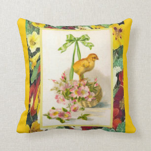 Vintage Easter, Chick and pink flowers Cushion
