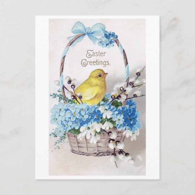 Vintage Easter Chick Bouquet Basket Postcard (Front)